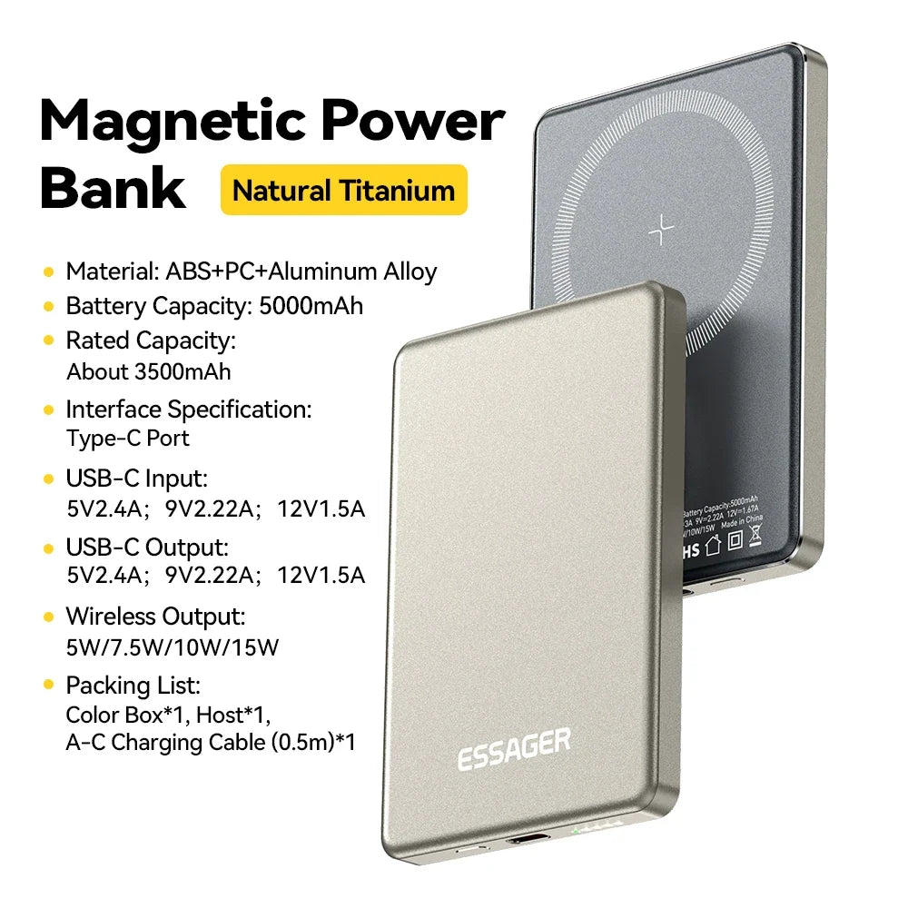 Essager Magnetic Wireless Power Bank 5000mAh 20W Slim MagSafe Portable Charger