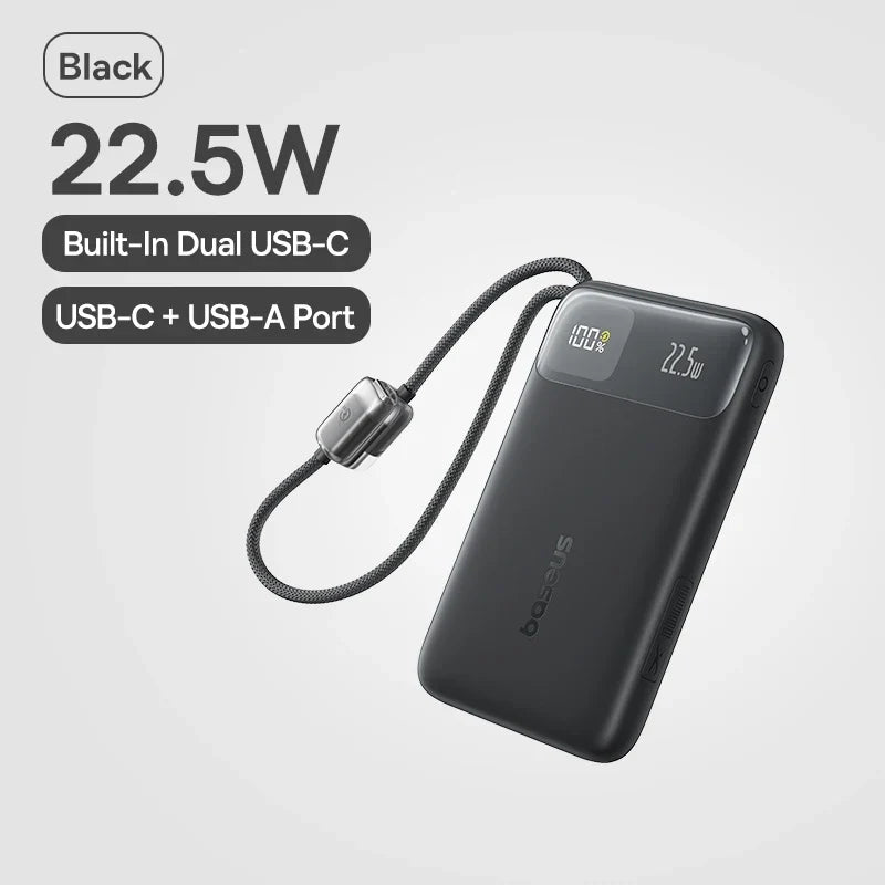 Baseus 10000mAh Power Bank 22.5W Fast Charging with Built-In Dual USB-C Cable