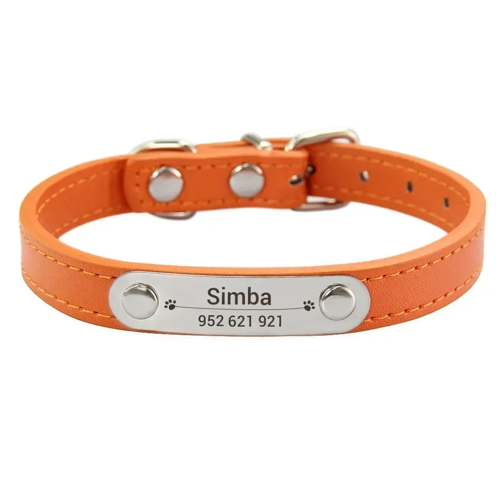 Personalized Dog Collar Name Carved Id Anti-Lost Solid Pu Leather Small Medium Large Dogs Puppy Cat