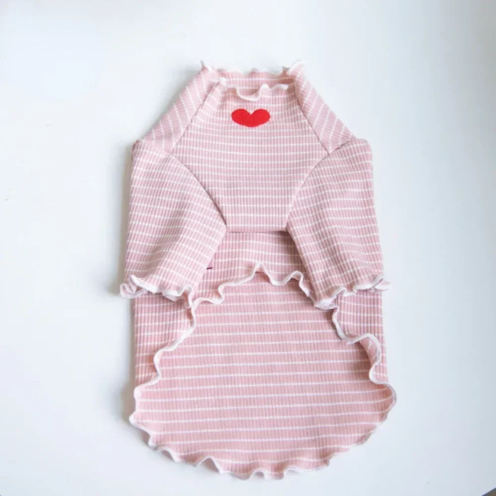 Love Heart Embroidered Pet Shirt – Striped Dog & Cat Top
