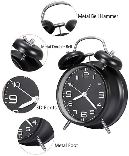 Twin Bell Alarm Clock – 4-Inch Loud Metal Desk Clock with Backlight & 3D Dial