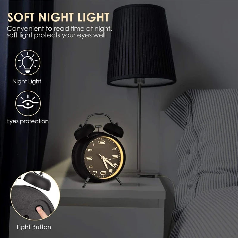 Twin Bell Alarm Clock – 4-Inch Loud Metal Desk Clock with Backlight & 3D Dial