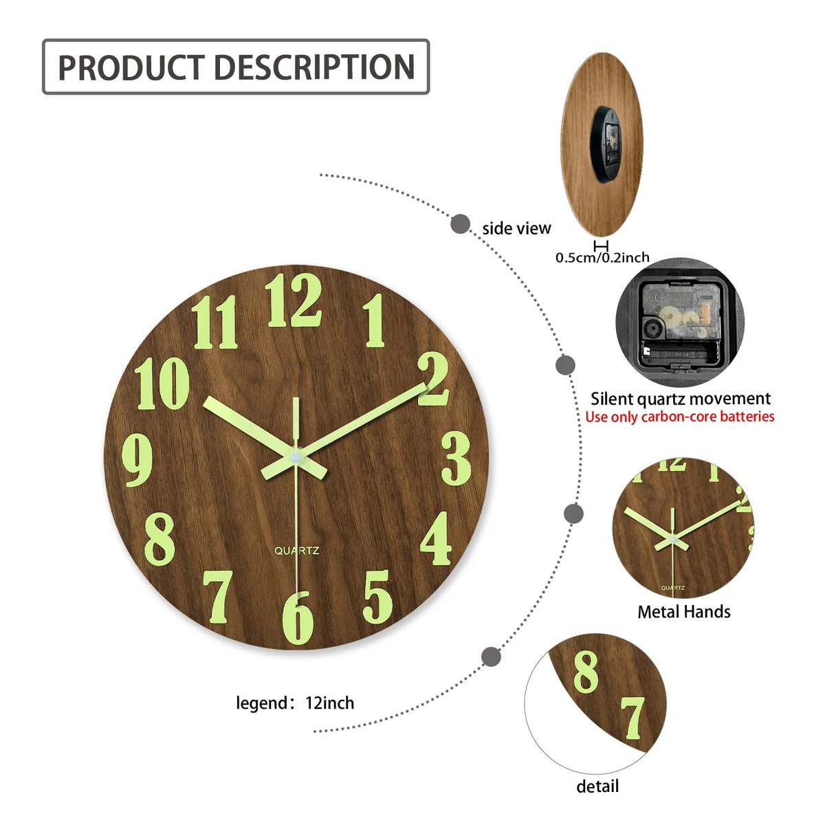 Luminous Wall Clock – Silent Wooden Nordic Glow-in-the-Dark Quartz Clock