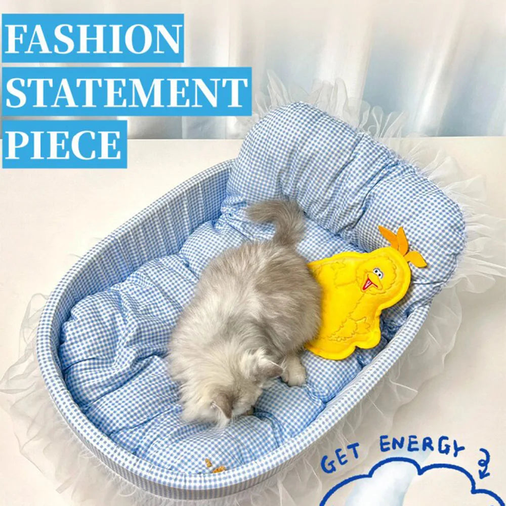 Cute Lace-Trimmed Pet Cat Princess Sofa Bed Four Seasons Washable Removable Soft Plush Oval Small