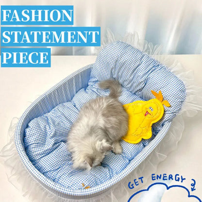 Cute Lace-Trimmed Pet Cat Princess Sofa Bed Four Seasons Washable Removable Soft Plush Oval Small