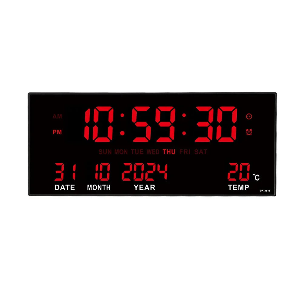 Large LED Digital Wall Clock with Alarm, Date & Temperature Display