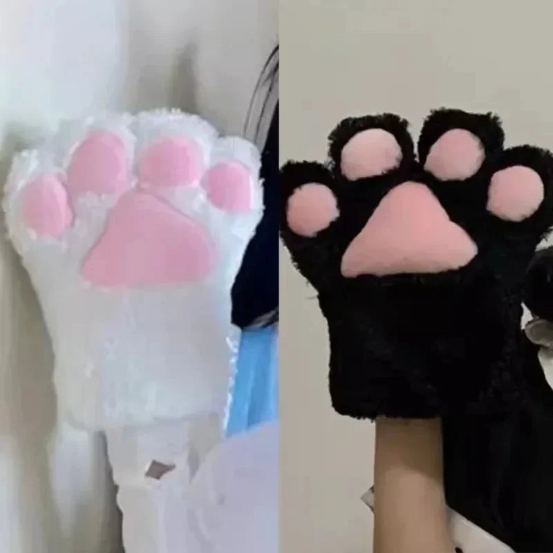 Cute Plush Cat Paw Fingerless Gloves, Warm & Soft Winter Mittens
