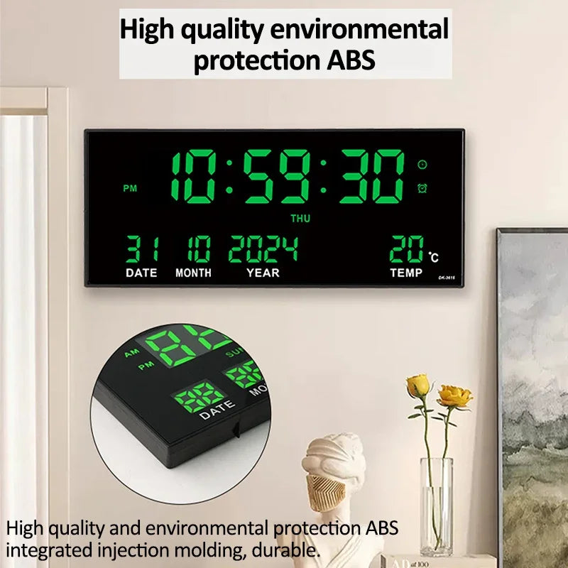 LED Digital Wall Clock with Alarm, Temperature & Calendar Display