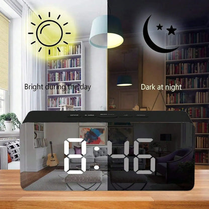Digital Alarm Clock with Mirror Display & Adjustable Brightness