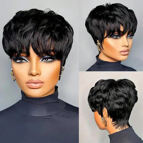 Pixie Cut Short Bob Wig with Bangs Glueless Natural Black