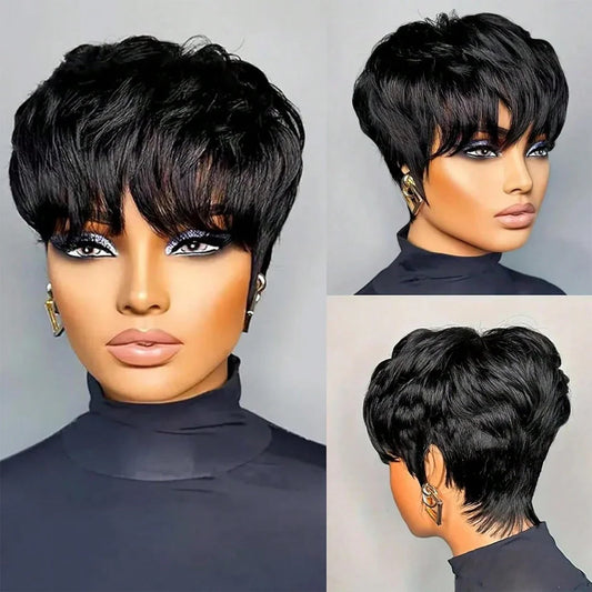 Pixie Cut Short Bob Wig with Bangs Glueless Natural Black