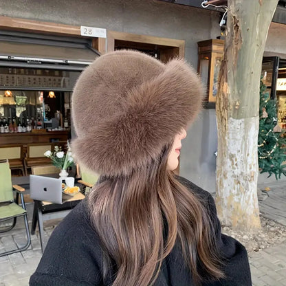Faux Fur Winter Hat for Women – Fluffy Warm Bucket Cap
