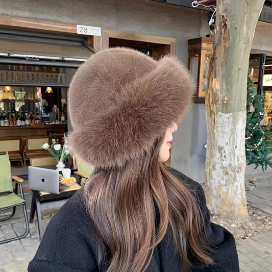 Faux Fur Winter Hat for Women – Fluffy Warm Bucket Cap