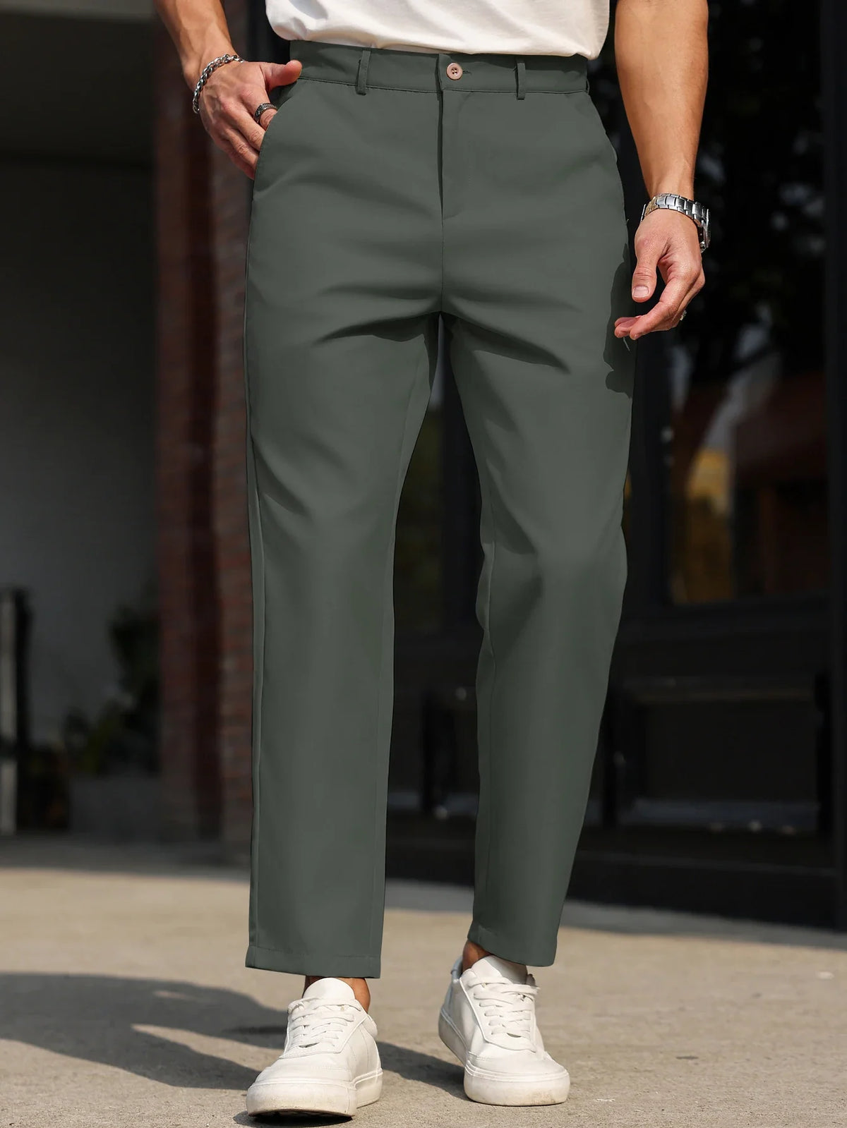 Men’s Slim-Fit Straight-Leg Casual Pants, Solid-Color Everyday Trousers