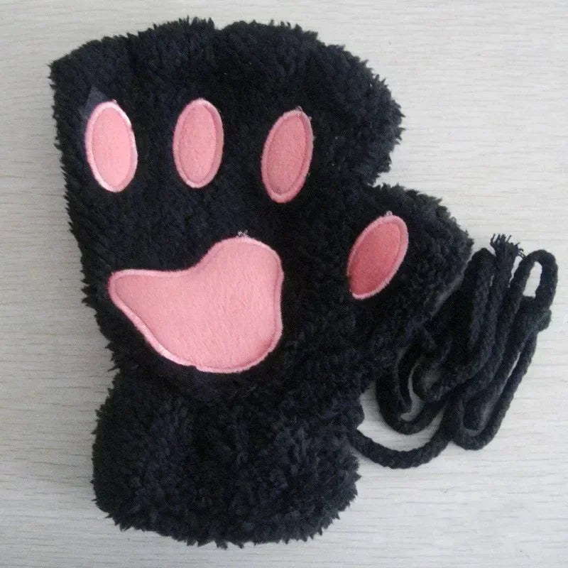 Cute Plush Cat Paw Fingerless Gloves, Warm & Soft Winter Mittens