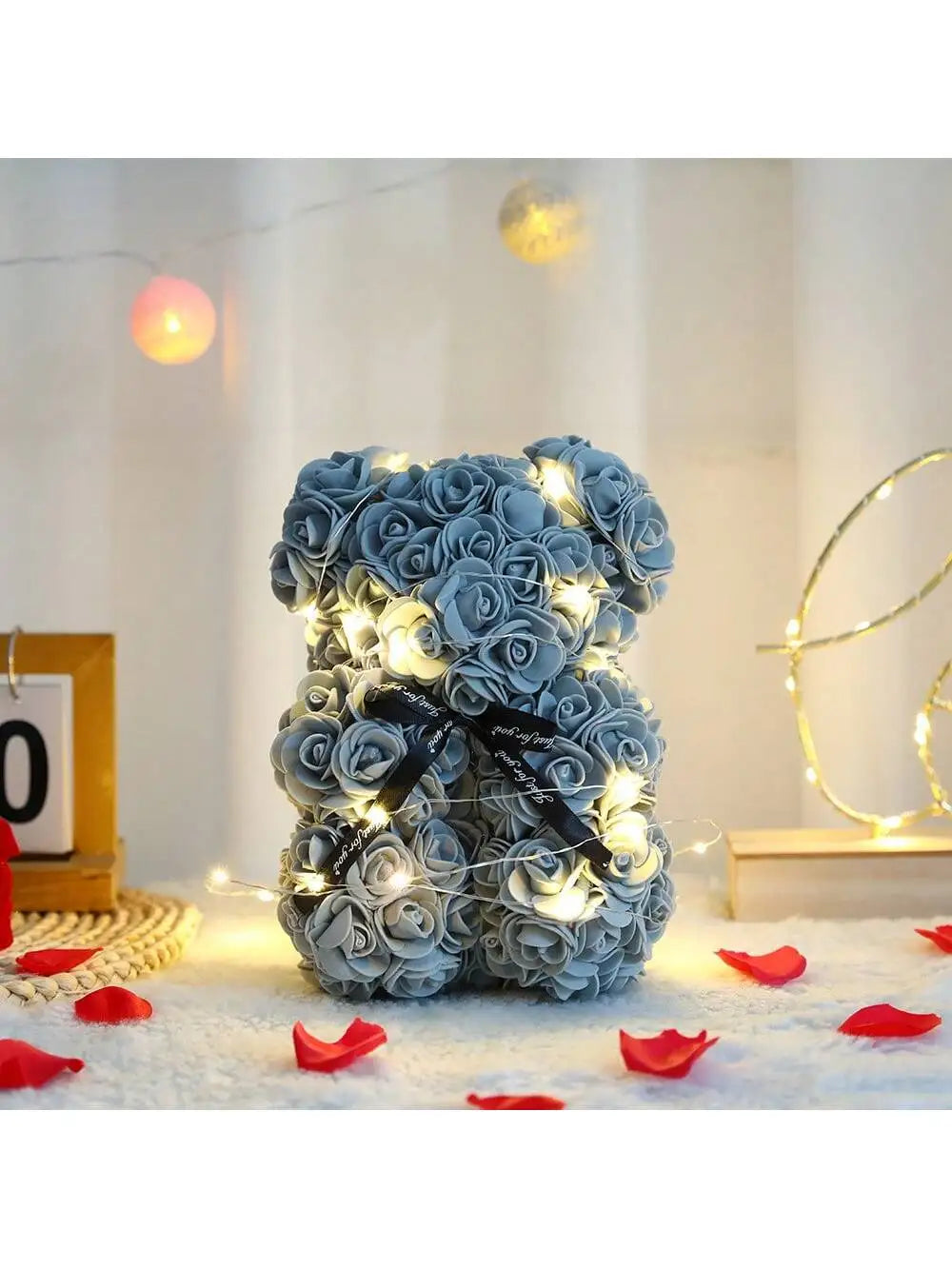 Rose Teddy Bear Gift – Artificial Flower Bear with LED Lights