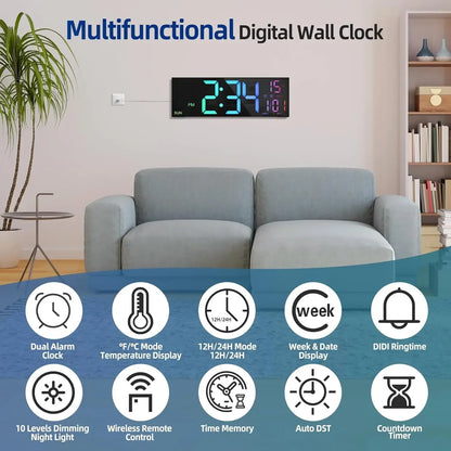 Large Digital Wall Clock with Remote Control & LED Display