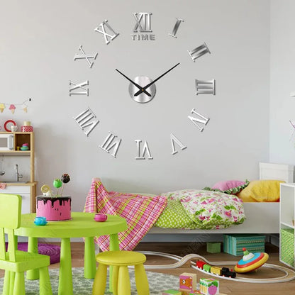 3D DIY Wall Clock – Large Roman Numerals Acrylic Mirror