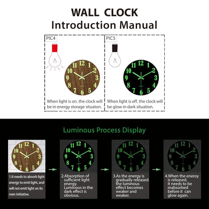 Luminous Wall Clock – Silent Wooden Nordic Glow-in-the-Dark Quartz Clock