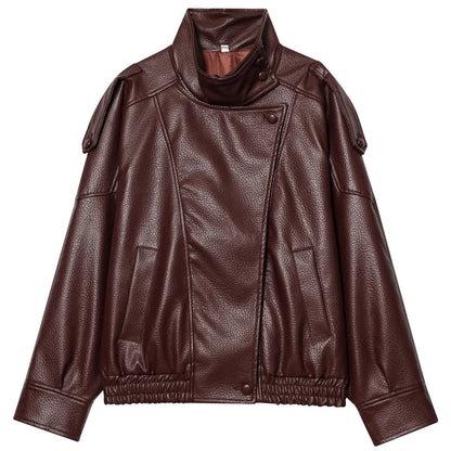 Women's Oversized Faux Leather Bomber Jacket – Zip-Up Cropped Coat