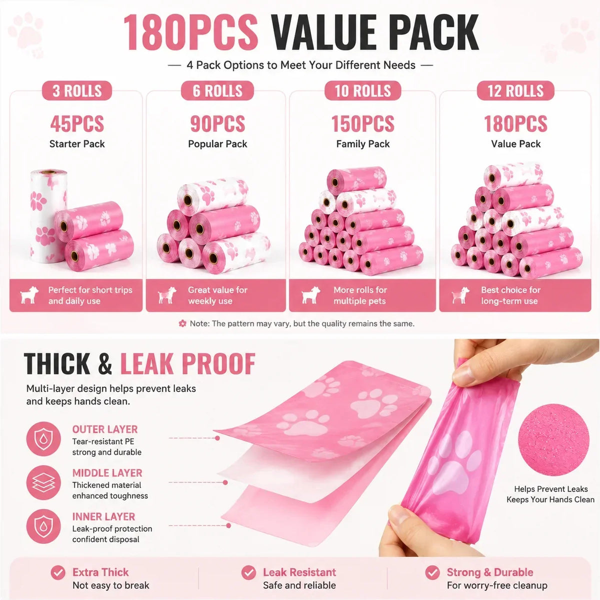 Dog Poop Bags – Thick Leakproof Pet Waste Bags, 3/6/10 Rolls