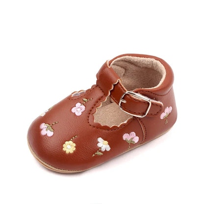 Baby Girl Embroidered Flower T-Strap Mary Jane Shoes