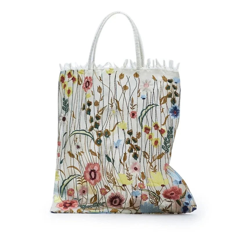 Embroidered Lace Flower Mesh Tote Bag for Women