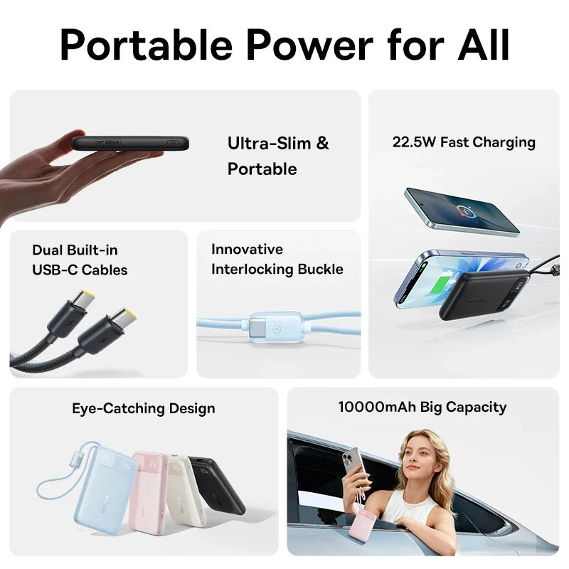 Baseus 10000mAh Power Bank 22.5W Fast Charging with Built-In Dual USB-C Cable