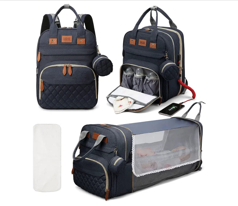 3-in-1 Diaper Bag Backpack with Foldable Baby Bed & USB Charge