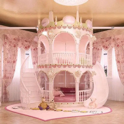 Castle Kids Bunk Bed with Slide, Safety Rails & Solid Wood