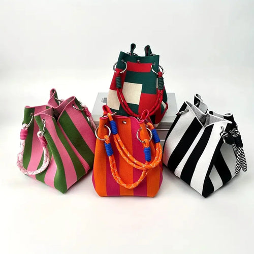 Retro Knitted Color Block Bucket Handbag
