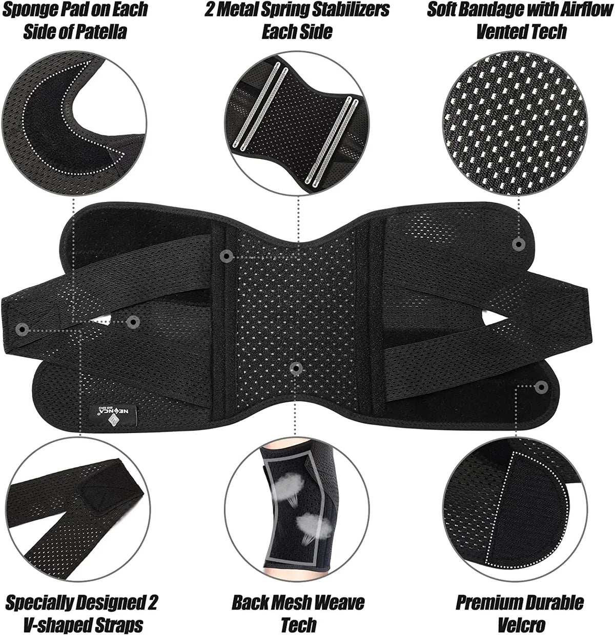 Neenca Knee Brace Pain Compression Support Air Mesh Fabric Side Stabilizers Meniscus Tear Acl