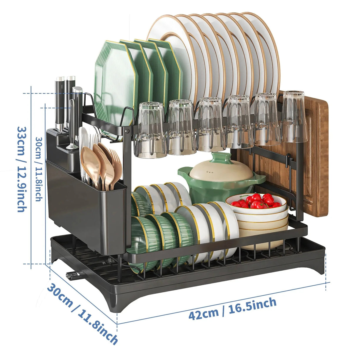 2-Tier Dish Drying Rack with Drainer Tray & Utensil Holder