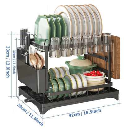 2-Tier Dish Drying Rack with Drainer Tray & Utensil Holder
