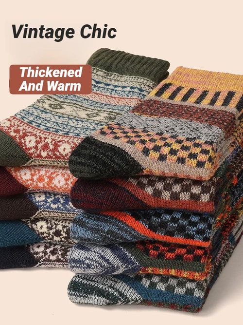 5-Pair Men’s Thick Wool Winter Socks, Warm Retro Style for Snow Boots