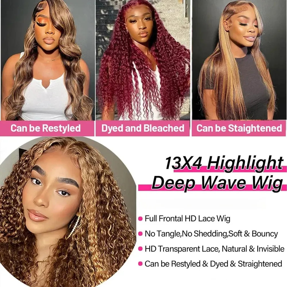 13x4 Highlighted Deep Wave Human Hair Lace Wig – HD Glueless