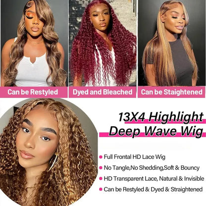 13x4 Highlighted Deep Wave Human Hair Lace Wig – HD Glueless
