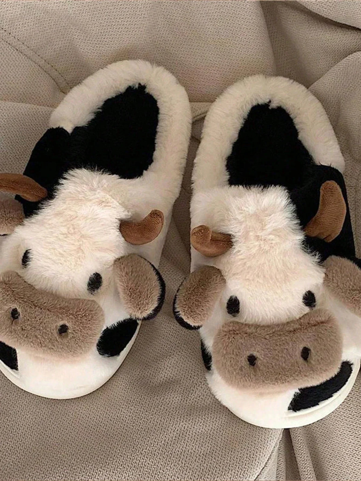 Cute Cow Plush Slippers – Warm Non-Slip Winter House Shoes