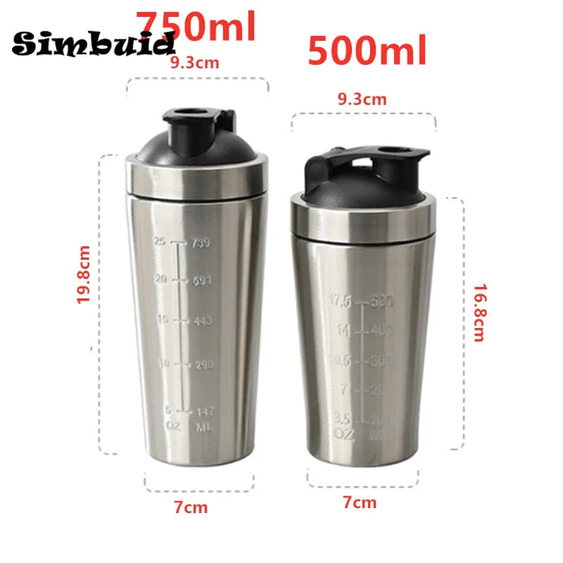 500ml or 750ml Stainless Steel Protein Shaker Bottle with Mixing Ball