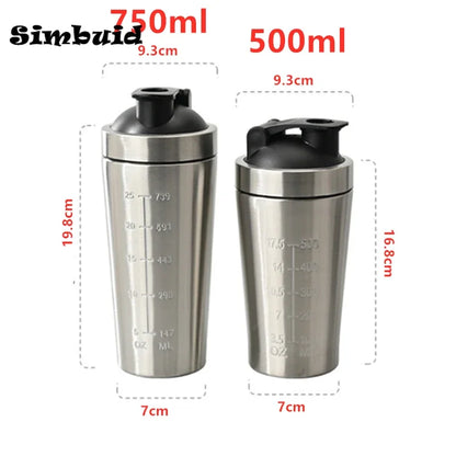 500ml or 750ml Stainless Steel Protein Shaker Bottle with Mixing Ball