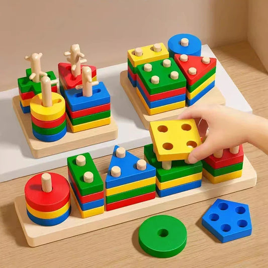 Montessori Wooden Geometric Shape Sorter & Stacking Puzzle for Toddlers