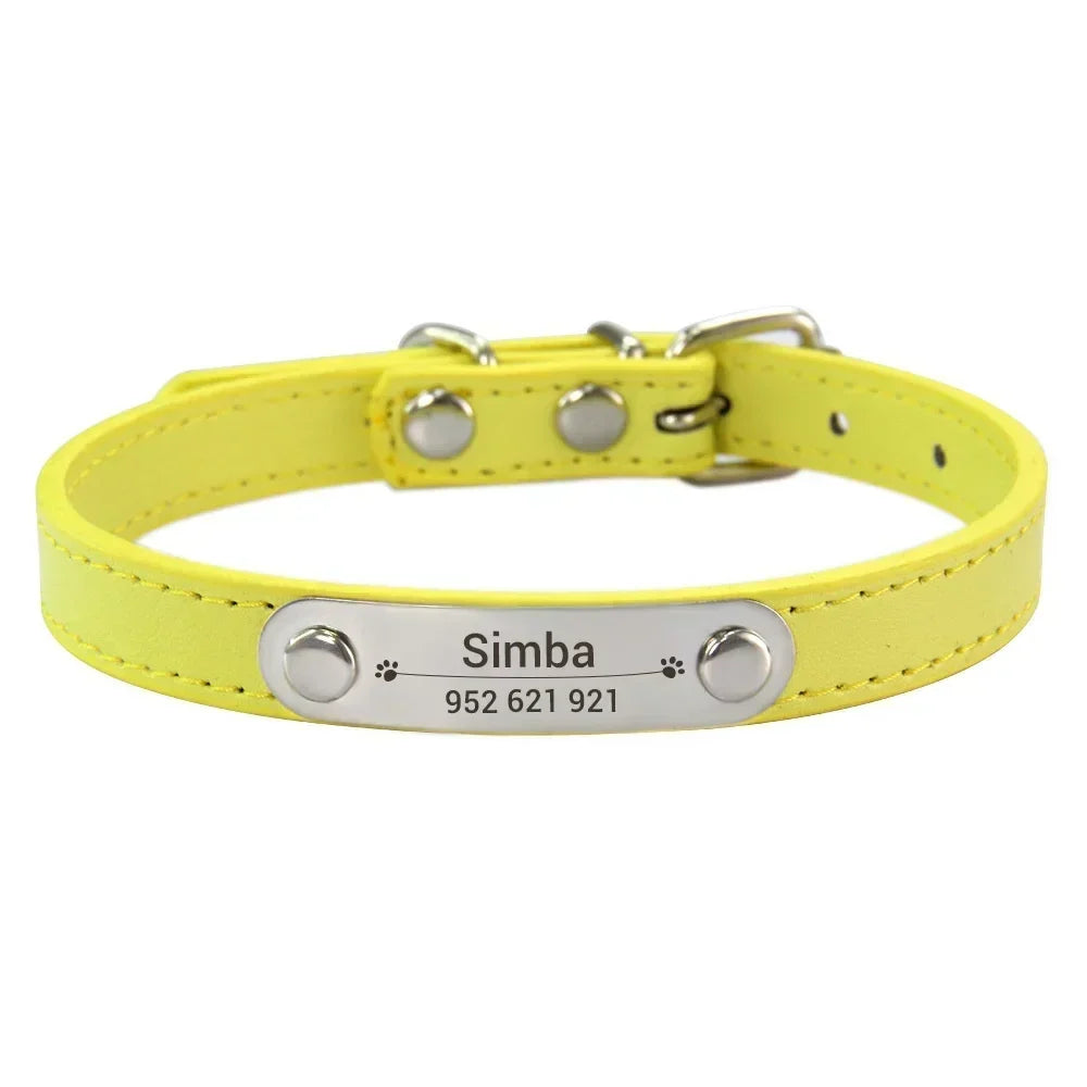 Personalized Dog Collar Name Carved Id Anti-Lost Solid Pu Leather Small Medium Large Dogs Puppy Cat