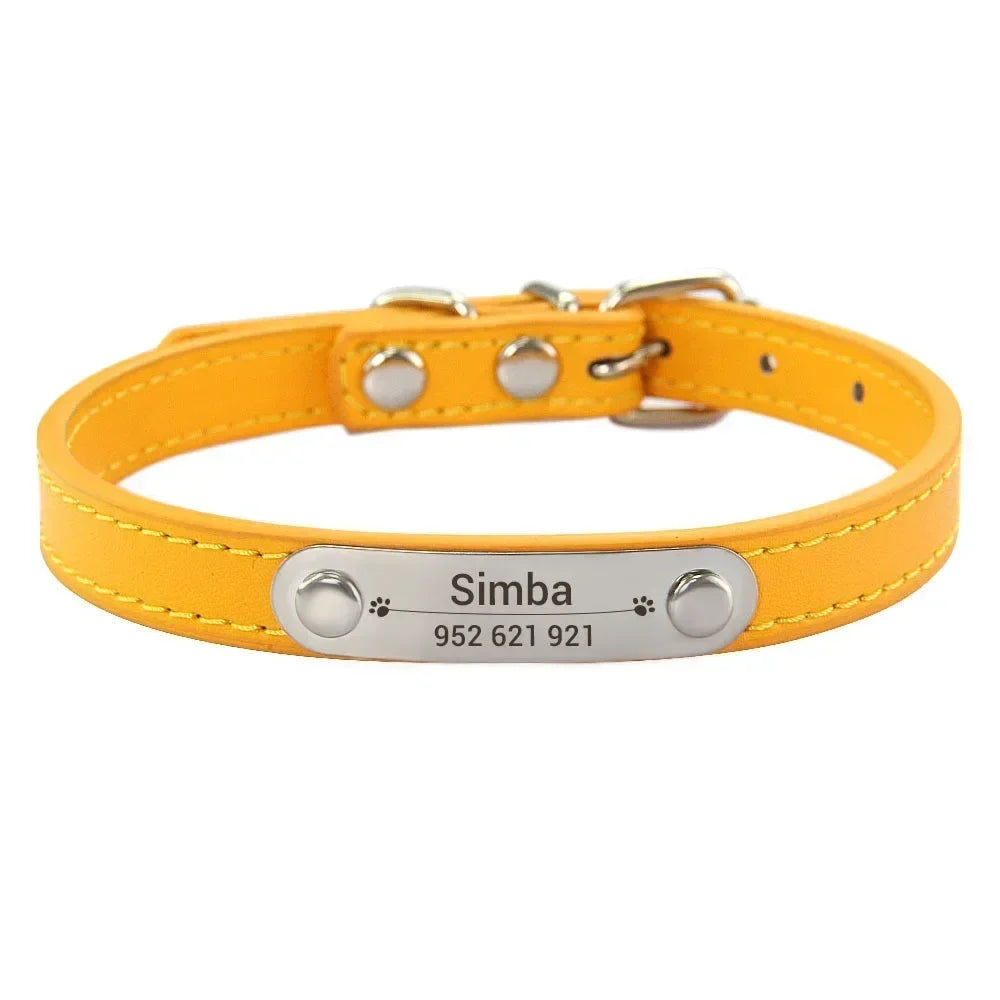 Personalized Dog Collar Name Carved Id Anti-Lost Solid Pu Leather Small Medium Large Dogs Puppy Cat