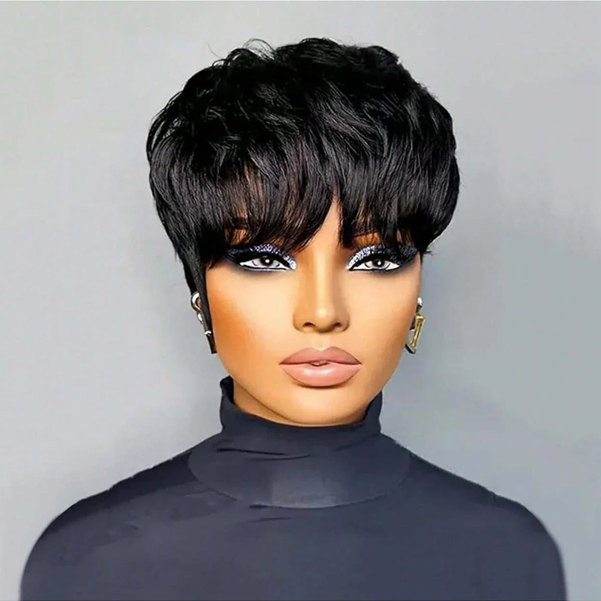 Pixie Cut Short Bob Wig with Bangs Glueless Natural Black
