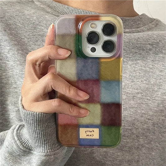 Color Block Plaid Clear Case for iPhone 17 16 15 14 13 12 11 Pro Max Plus SE – Cute Dopamine Design