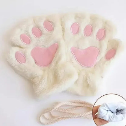 Cute Plush Cat Paw Fingerless Gloves, Warm & Soft Winter Mittens