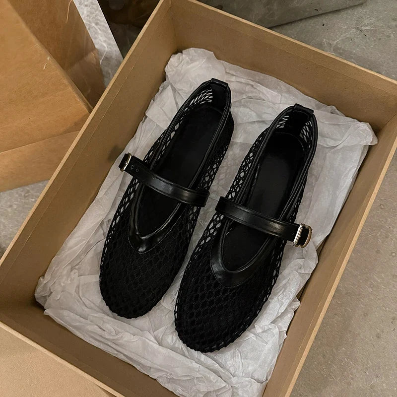 Women's Breathable Mesh Mary Jane Flats – Buckle Strap Casual Shoes