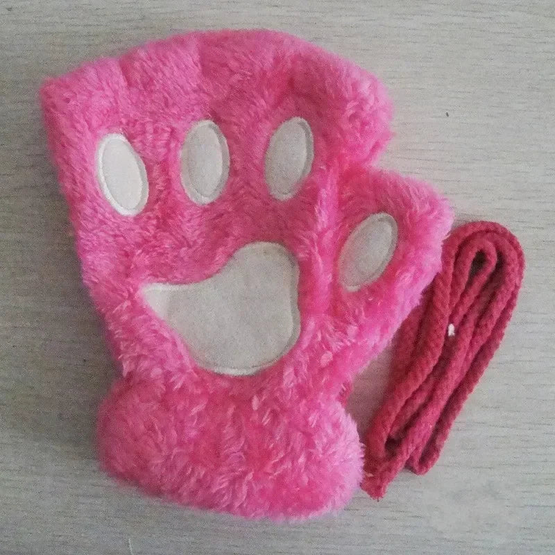 Cute Plush Cat Paw Fingerless Gloves, Warm & Soft Winter Mittens