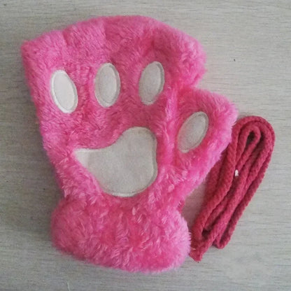 Cute Plush Cat Paw Fingerless Gloves, Warm & Soft Winter Mittens