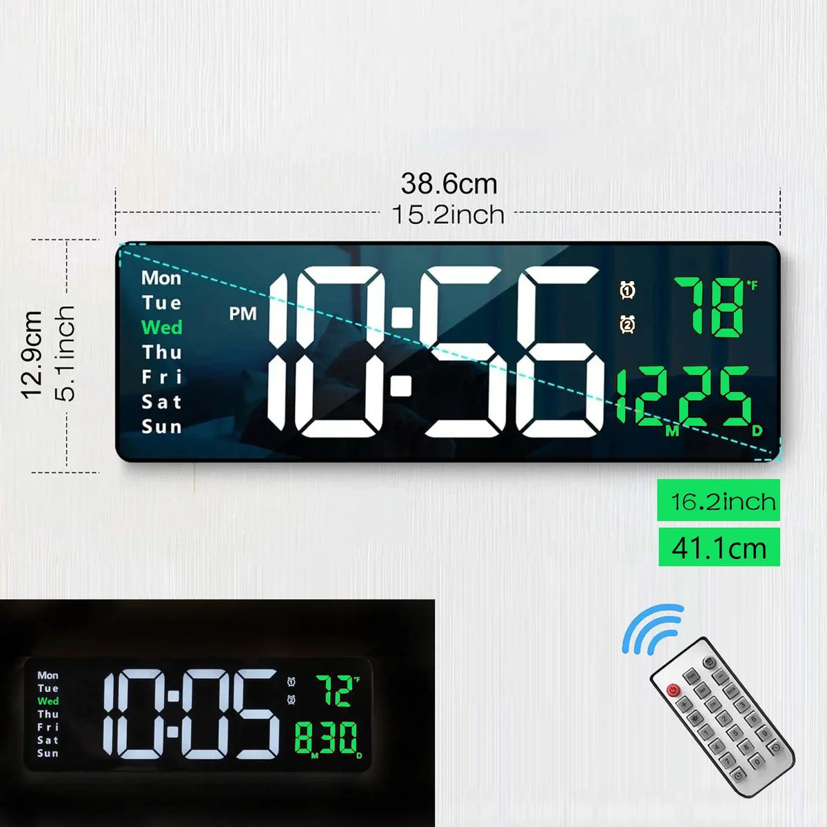 Large Digital Wall Clock with Remote Control & LED Display